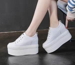 Amozae  12Cm Genuine Leather Women Vulcanized Shoes Leather Platform Wedge High Heels White Shoes Lace Up Increase Casual Shoes