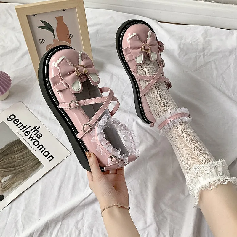 Amozae-  Sweet leather shoes female Mary Jane thick-soled increase Japanese lolita shoes 2024 summer thin jk shoes pink bow heel high 3CM