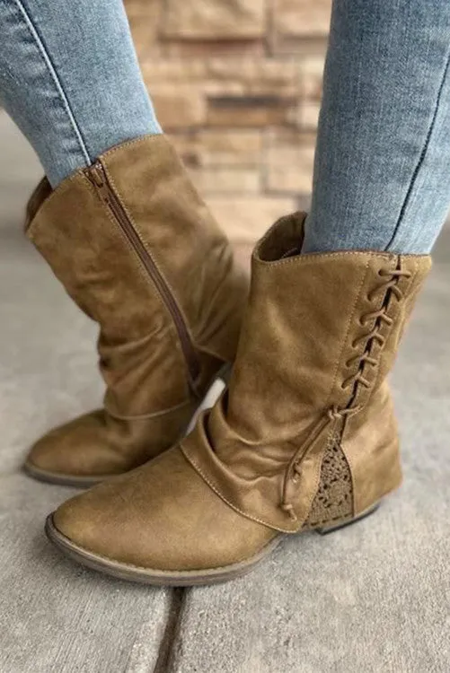 Brown Lace Faux Leather Ankle Boots