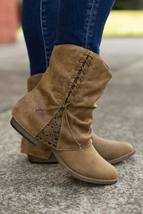 Brown Lace Faux Leather Ankle Boots