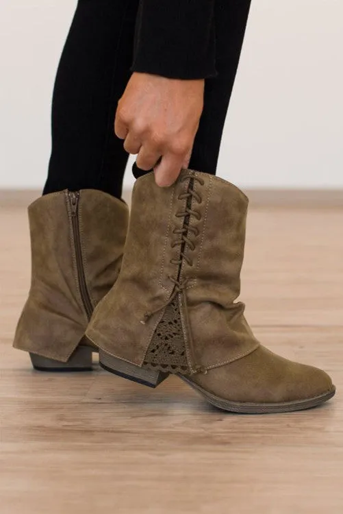 Brown Lace Faux Leather Ankle Boots