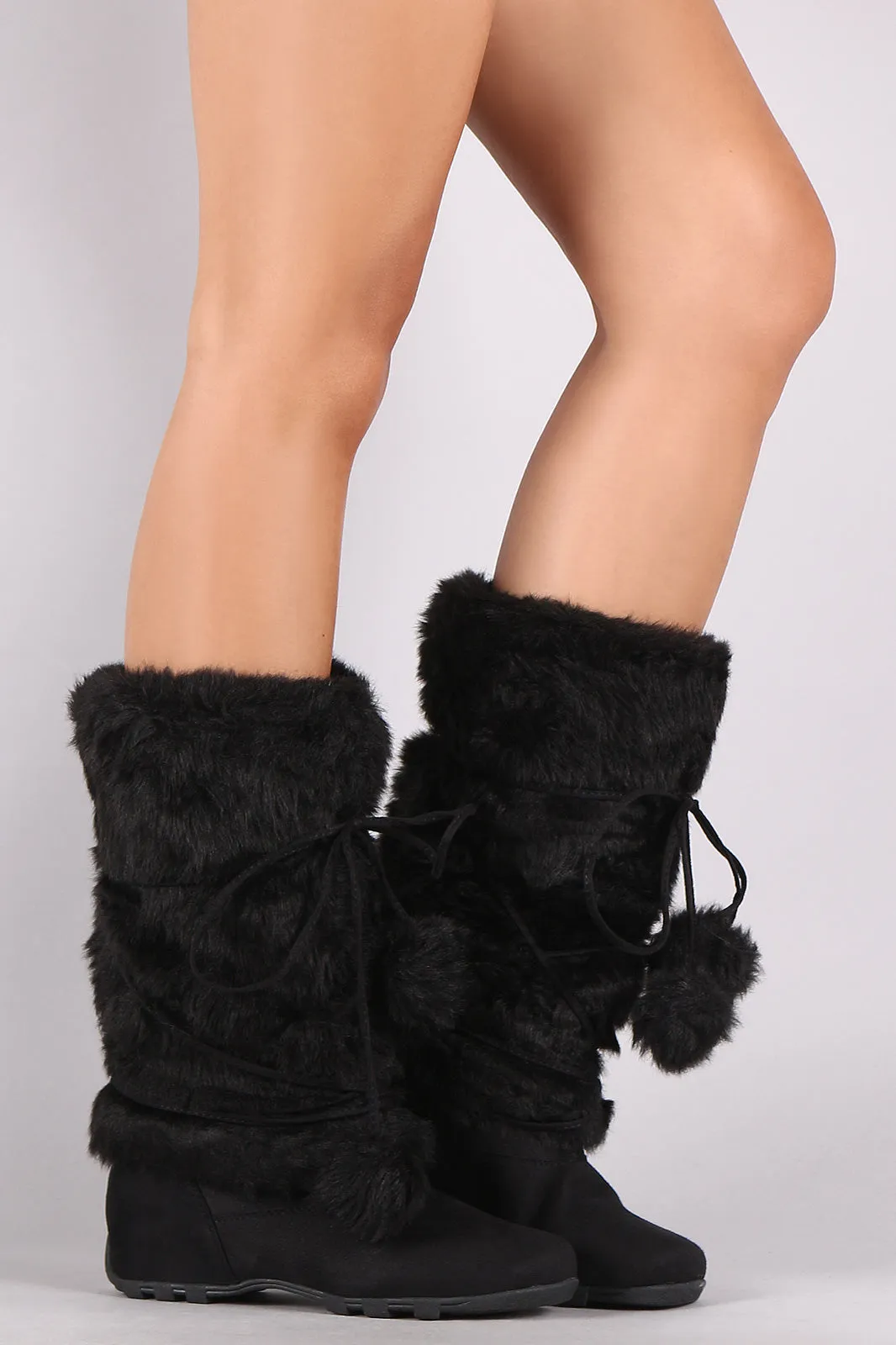 Faux Fur Strappy Pom Pom Suede Mid Calf Boots