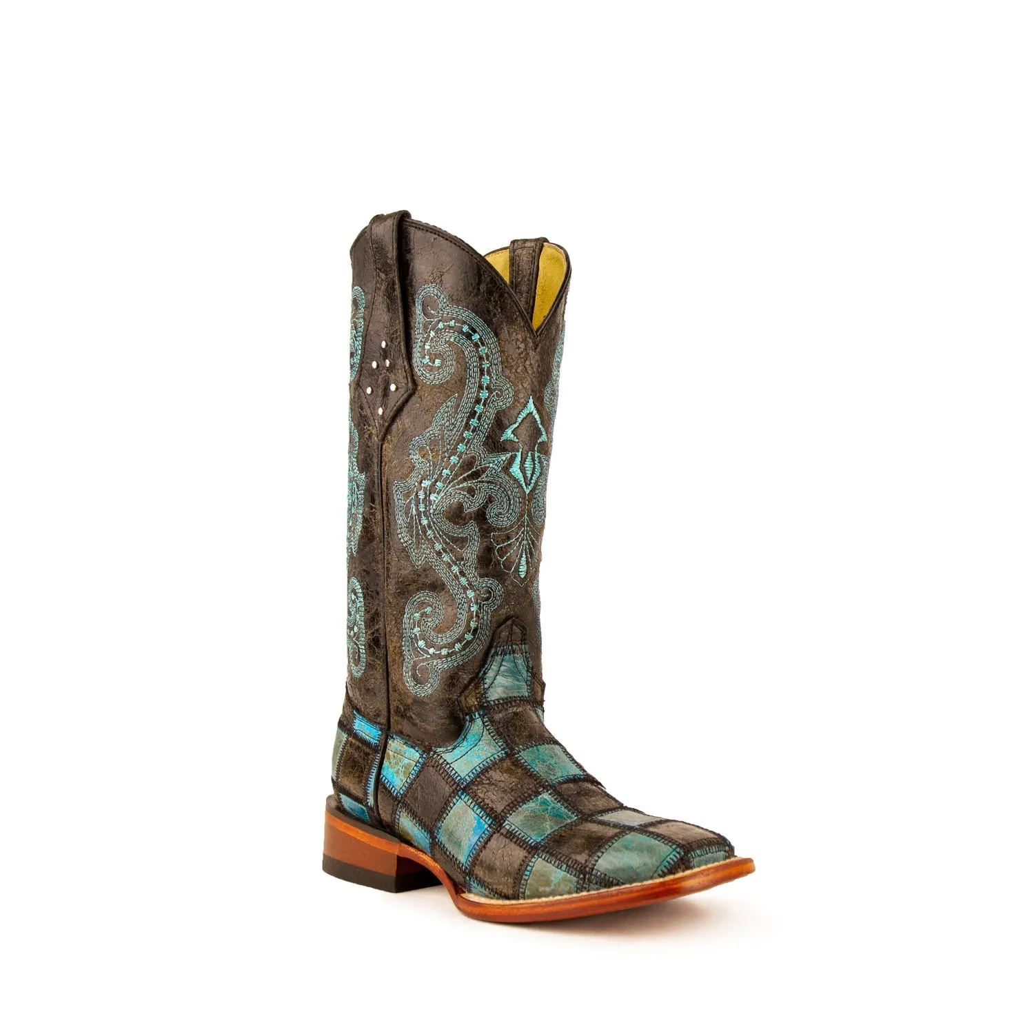 Ferrini Ladies Black/Turquoise Leather Patchwork S-Toe Cowboy Boots