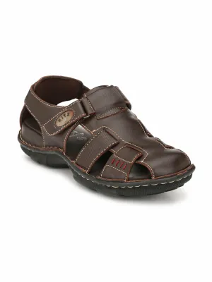 Hitz Men's Brown Leather Comfort Sandals with Velcro Closure