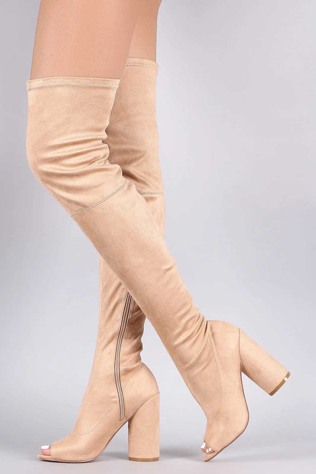 Peep Toe Round Heeled Over-The-Knee Suede Boots