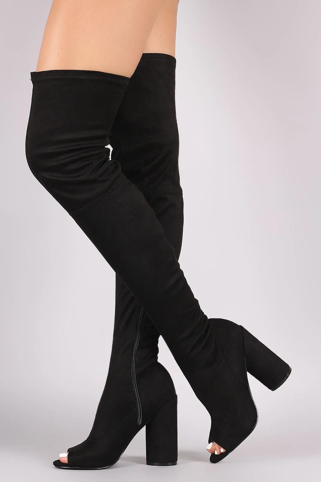 Peep Toe Round Heeled Over-The-Knee Suede Boots