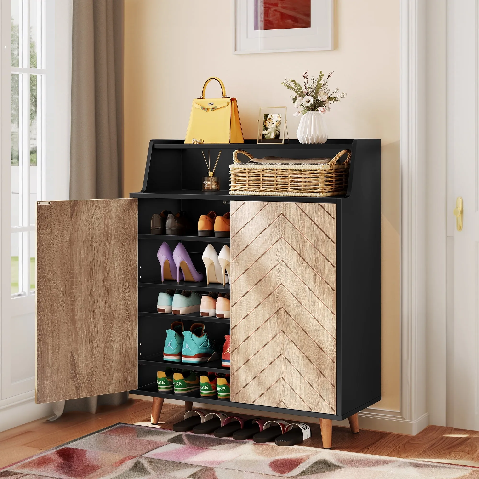 relaxed Dextrus Modern Shoe Cabinets with Open Shelves, Free Standing 5-Tier Wood Shoes Storage Cabinet with Doors, Large Shoe Rack Organizer for Entryway, Hallway, Closet