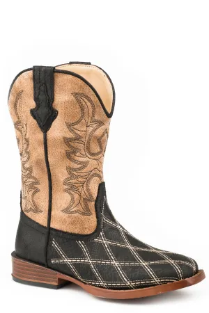 Roper Girls Kids Black/Tan Faux Leather Cross Cut Cowboy Boots