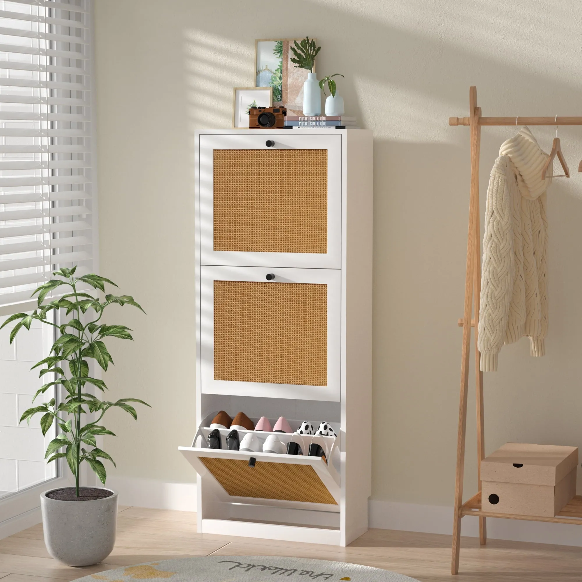 versatile 3-Tier Shoes Cabinet with 3 Flip Drawers and Adjustable Shelves, White, 40 lbs